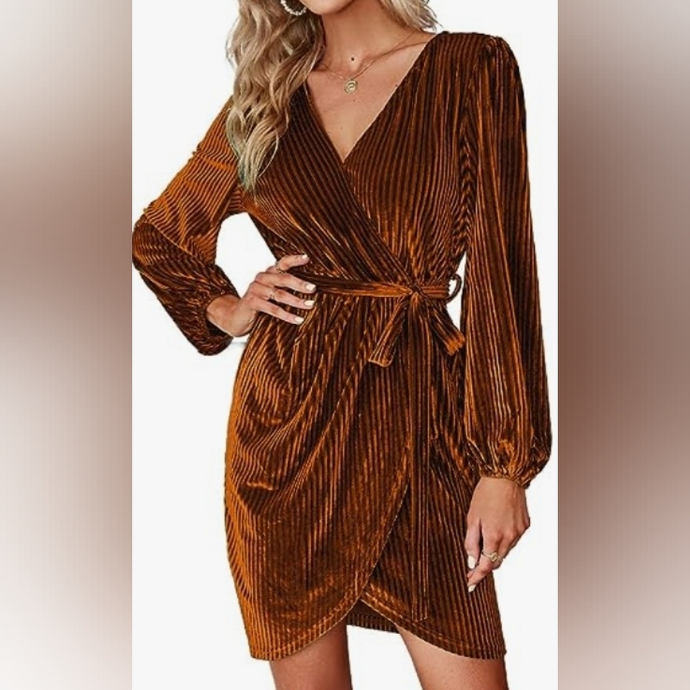 Rust Dark Orange Velvet Wrap Mini Dress